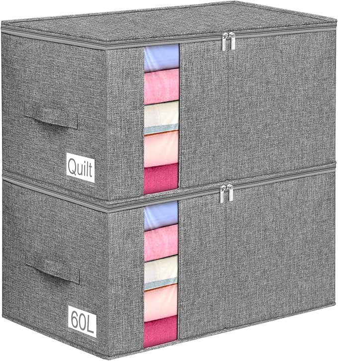 60L Blanket/Comforter Storage Bag w/Rigid Side & Bottom Support, Stackable Clothes Storage Bin for Sweaters Bedding Sets Quilts Pillows, Closet Organizer, 21.7x14.2x11.8in, 2 Pack, Gray