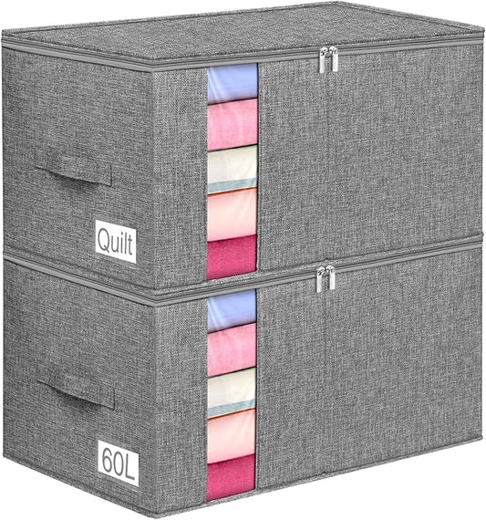 60L Blanket/Comforter Storage Bag w/Rigid Side & Bottom Support, Stackable Clothes Storage Bin for Sweaters Bedding Sets Quilts Pillows, Closet Organizer, 21.7x14.2x11.8in, 2 Pack, Gray