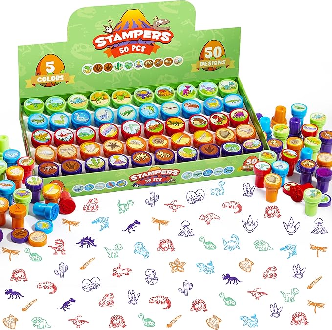 JOYIN 50PCS Dinosaur Stamps for Kids, 50 Different Designs, Fossils, Sea Dinosaurs, Stamps for Dinosaur Party Favor Bags, Easter Egg Stuffers, Halloween, Christmas, Birthday Gift