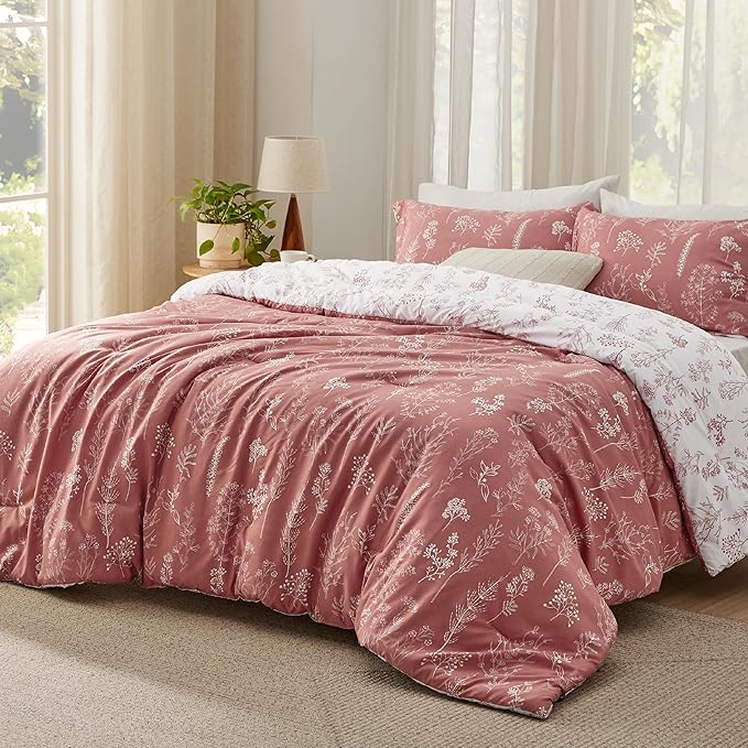 Bedsure King Comforter Set - Grayish Pink Bed Set, 3 Pieces Cute Floral Bedding, 1 Soft Reversible Botanical Flowers Comforter and 2 Pillow Shams