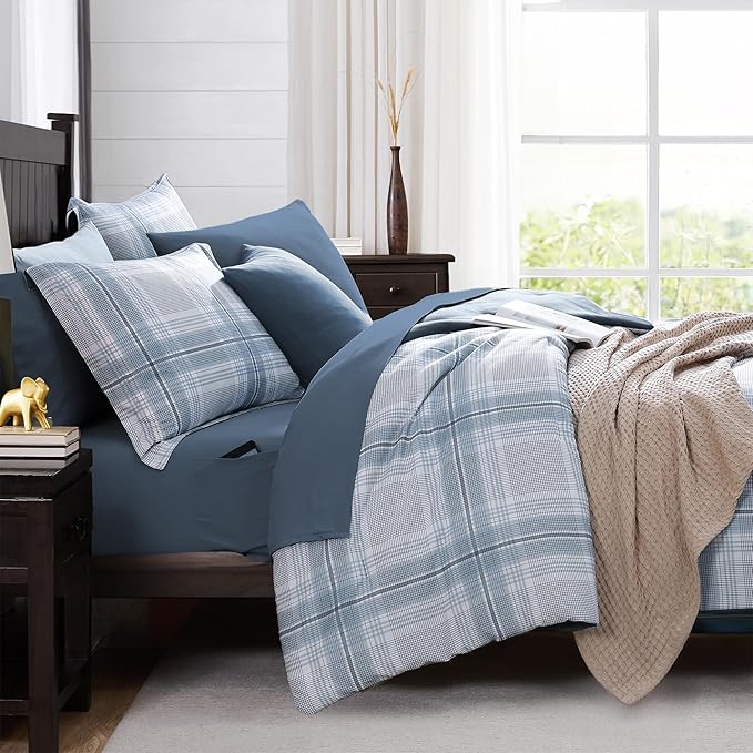 MaiRêve Plaid Queen Comforter Sets, Light Blue Grid Farmhouse Bedding Set Bed in A Bag, Classic Checkered Comforter Sets with Fitted & Flat Sheet, Pillowcases & Shams(Light Blue, 90"x90")