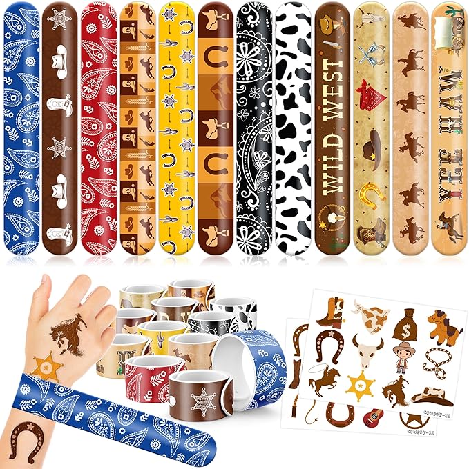48PCS Cowboy Party Favors - 24PCS Temporary Tattoos & 24PCS Slap Bracelets - Cool Western Rodeo Themed Birthday Supplies, Decorations, Gifts, Classroom Prizes for Kids, Boys & Girls