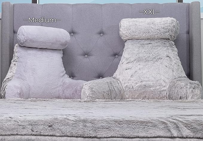 Husband Pillow XXL Rare Baby Arctic Grey Wolf Backrest, Two-Tone Reversible Double Sided Fabulous Faux Fur Reading & Bed Rest Pillow with Arms & Neck Roll, Adjustable Memory Foam - Extremely Comfy