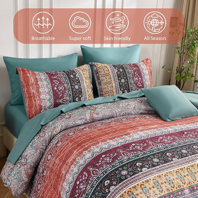 Cottolester Boho King Size Comforter Set 8 Pieces, Orange and Green Bohemian Striped Bed in a Bag, Paisley Soft Microfiber Bedding Comforter Set