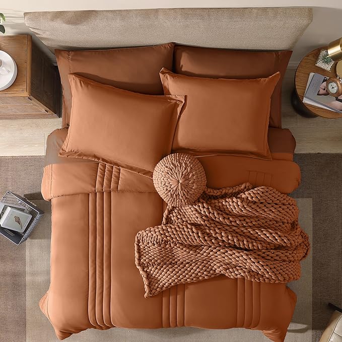 Monbix Full Comforter Set - 7 Pieces Burnt Orange Bed in a Bag Full Size Bedding Sets with Comforters, All Seasons Comforter with Sheets, Pillowcases & Shams