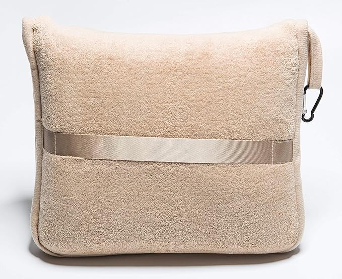 BlueHills Premium Soft Travel Blanket Pillow Airplane Blanket Packed in Soft Bag Pillowcase with Hand Luggage Belt Backpack Clip Compact Pack Large Portable Flight Throw Beige T005