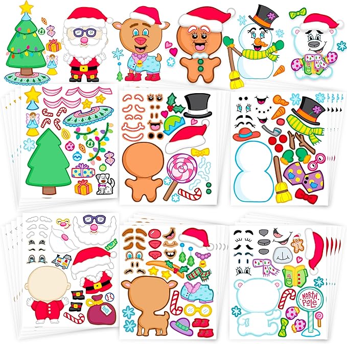 JOYIN 48 Pcs Christmas Make-a-face Sticker Sheets Make Your Own Characters Sticker with Full Body Design Santa Santa, Gingerbread, Snowman, Reindeer and Elf Kids Party Favor Supplies Xmas Craft