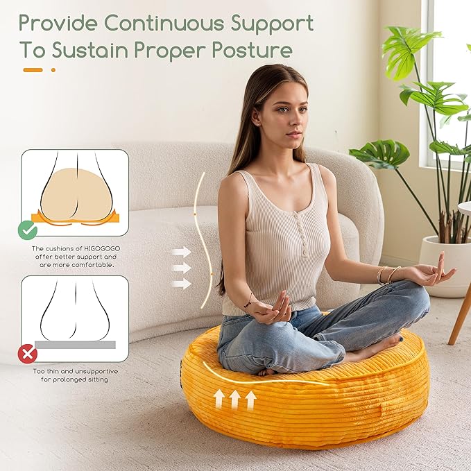 6" Washable Floor Pillow Cushion for Adults, Meditation Cushion Pillow, Large Round Floor Sitting, Removable Tufted Corduroy Cover, for Tatami Living Room or Yoga, 22x22 Inch, Machine Washable