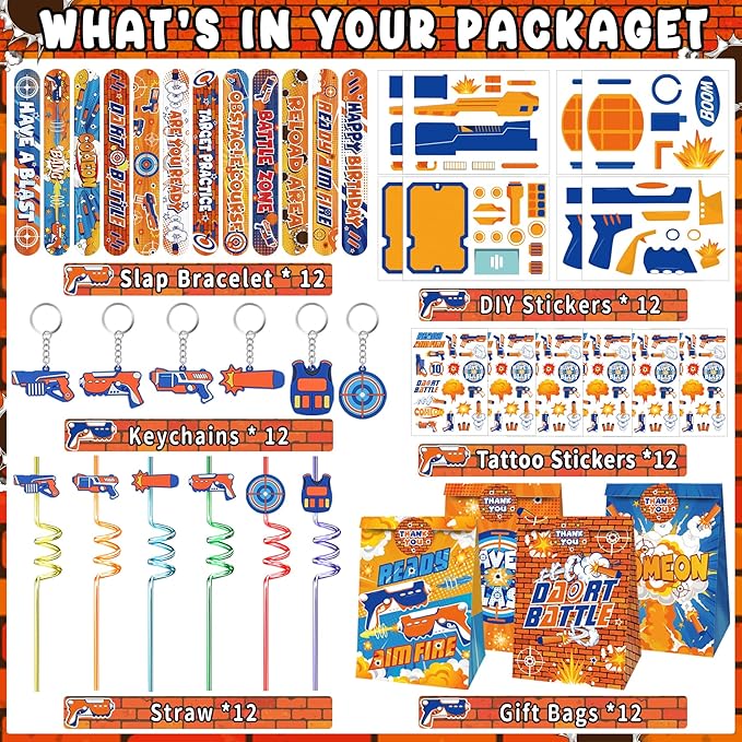 Erweicet Dart Battle Party Favors 72 PCS Gun Slap Bracelets DIY Stickers Temporary Tattoos Keychains Plastic Straws Gift Bags for Kids Boys Birthday Baby Shower Goodie Bag Fillers, Blue,Orange,White