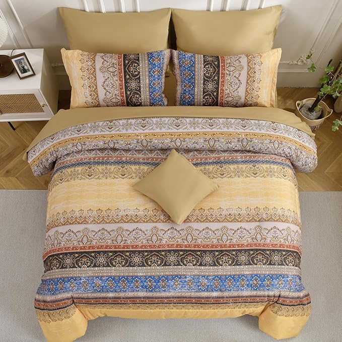 Cottolester Boho Queen Comforter Set 8 Pieces, Yellow Bohemian Striped Bed in a Bag, Paisley Soft Microfiber Bedding Comforter Set