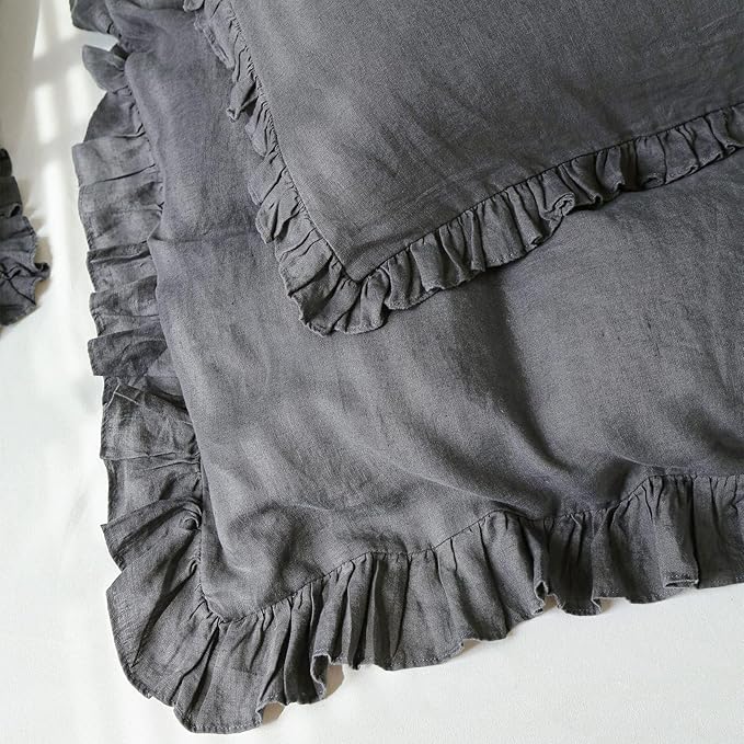 Simple&Opulence 100% Linen Duvet Cover Set, 3 PCS Natural French Flax Dark Grey Ruffle Duvet Cover King Size, Breathable Comfy Linen Bedding Comforter Cover with 2 Pillowcases (Dark Grey, 104" X 92")