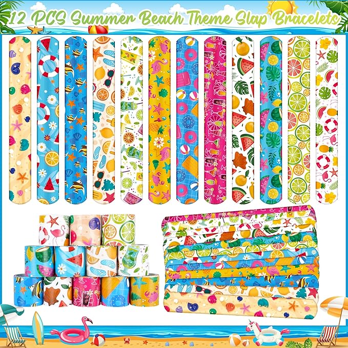 Erweicet Summer Beach Party Favors 72 PCS Summer Pool Slap Bracelets DIY Stickers Keychains Temporary Tattoos Plastic Straws Party Gift Bags for Hawaiian Luau Theme Birthday Party Baby Shower