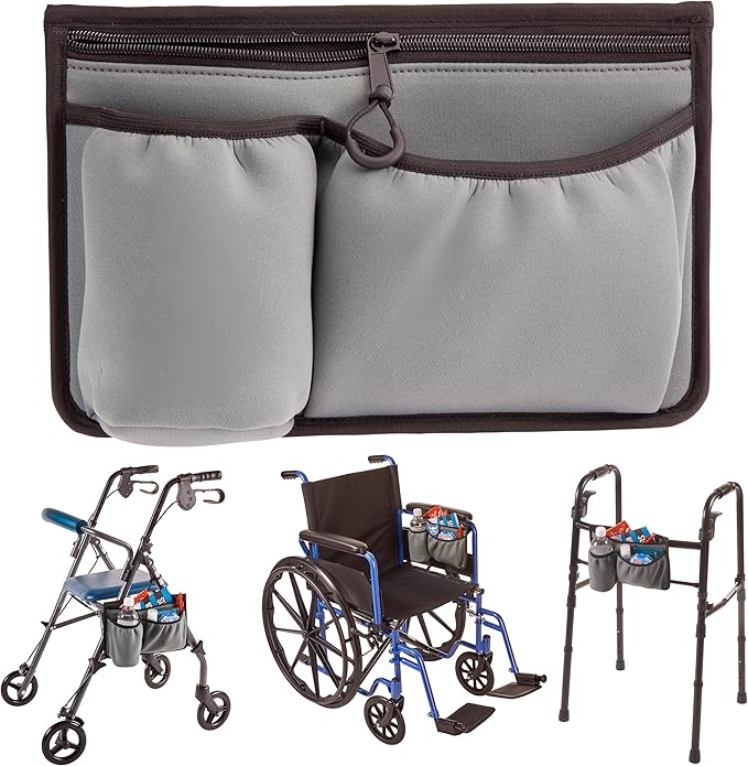 High Road Wheelchair Side Bag - Stretch Neoprene Walker Pouch with Insulating Cup Holder and 2 Storage Pockets