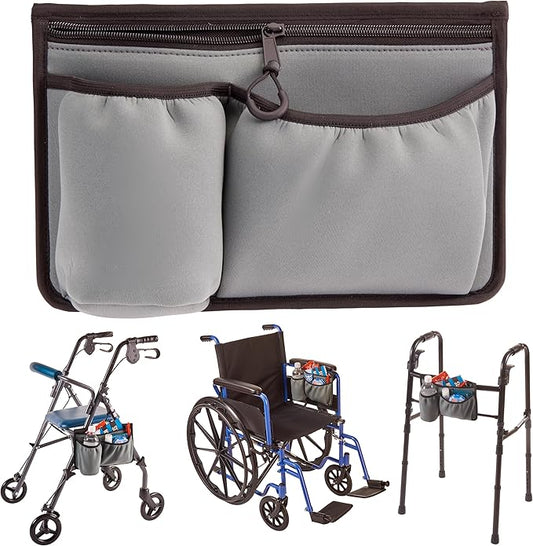 High Road Wheelchair Side Bag - Stretch Neoprene Walker Pouch with Insulating Cup Holder and 2 Storage Pockets