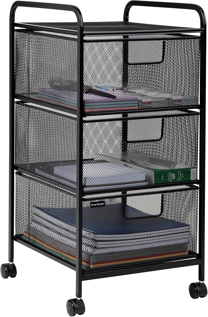 Mind Reader Office Storage Organizer with Mesh Drawers and Optional Wheels, Desktop and Under Desk Use, Metal Mesh, Black