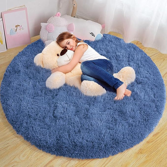 Xexsin Round Fluffy for Bedroom Rugs, 4Ft Navy Blue Shag Circle Rug Non-Slip for Kids Girls Boys Bedroom Dorm Nursery Playroom, Soft Cute Area Rugs for Living Room Decor