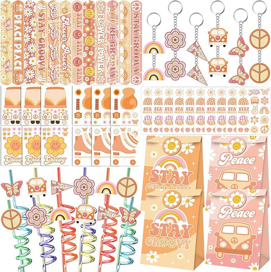 Groovy Party Favors 72 PCS Retro Boho Slap Bracelets DIY Stickers Temporary Tattoos Keychains Plastic Straws Gift Bags for Retro 60s 70s Boho Themed Birthday Party Baby Shower Classroom Rewards