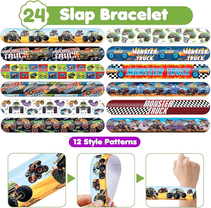 48PCS Monster Truck Party Favors - 24 Tattoos & 24 Slap Bracelets, Perfect for Big Car-Themed Birthdays, School Rewards, and Classroom Prizes for Boys & Girls