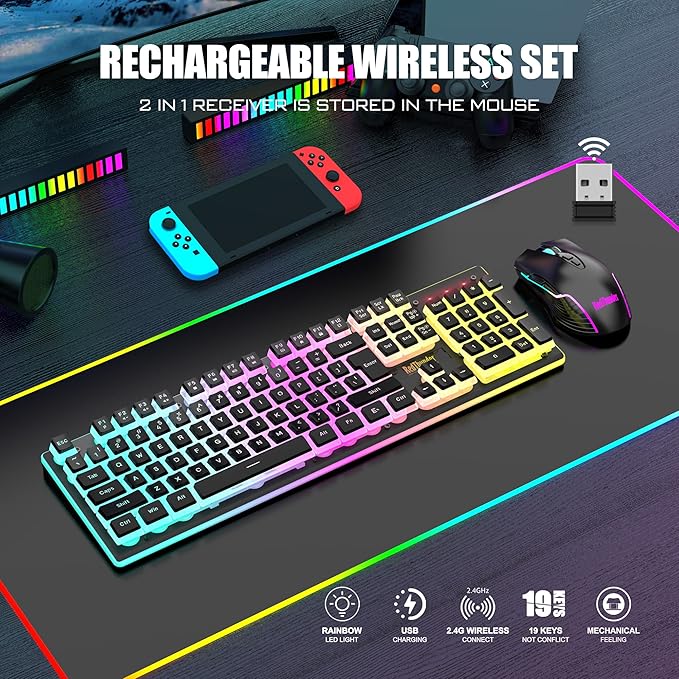 RedThunder K10 Wireless Gaming Keyboard and Mouse Combo, RGB Backlit Rechargeable 3800mAh Battery, Mechanical Feel Anti-ghosting Keyboard with Pudding Keycaps + 7D 3200DPI Mice for PC Gamer (Black)