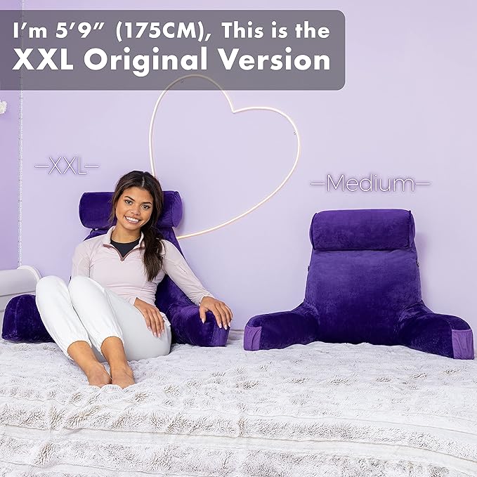 Husband Pillow Medium Purple, Backrest for Kids, Teens, Petite Adults - Reading Pillows with Arms, Adjustable Loft, Plush Memory Foam, Bed Rest Chair for Sitting Up, Detach Neck Roll, Removable Cover