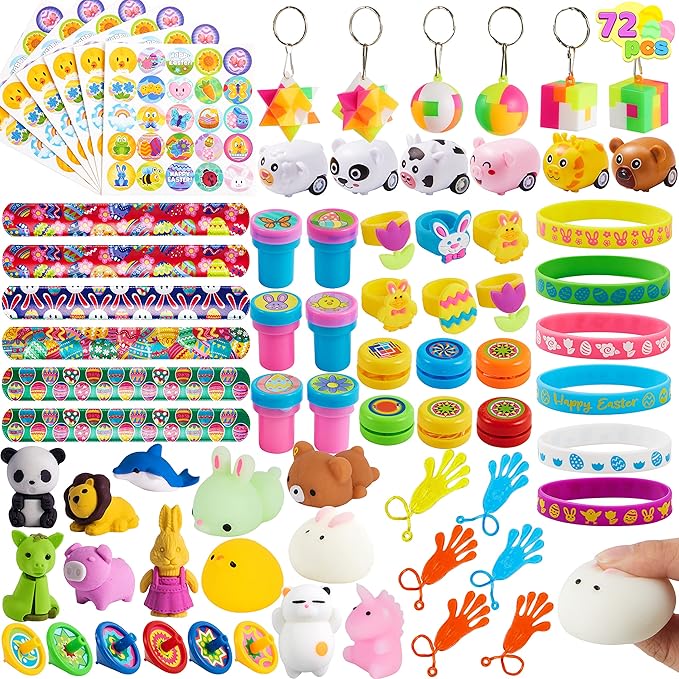 JOYIN 72Pcs Easter Party Favors Set, Sticky Hands, Stampers, Bracelets, Keychains, Rings, Sticker for Easter Basket Stuffers, Easter Goodie Bag Fillers, Classroom Prize Supplies, Easter Egg Toy