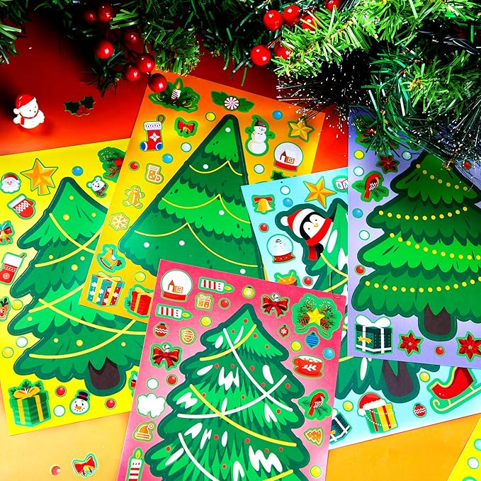 JOYIN 36 Pcs Christmas Tree Stickers Make Your Own Xmas Stocking Stuffers, Holiday Presents, Green Stickers for Kids Party Favor, Art Craft Supplies, Classroom Activities Game