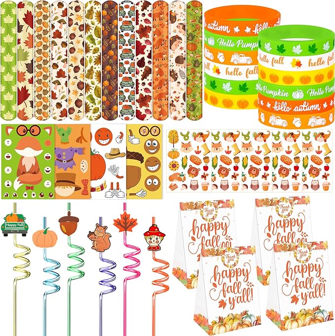 Erweicet Fall Party Favors 72 PCS Autumn Slap Bracelet DIY Stickers Plastic Straws Silicone Bracelets Tattoo Stickers Gift Bags for Kids Fall Harvest Party Classroom Rewards Goodie Bag Filler