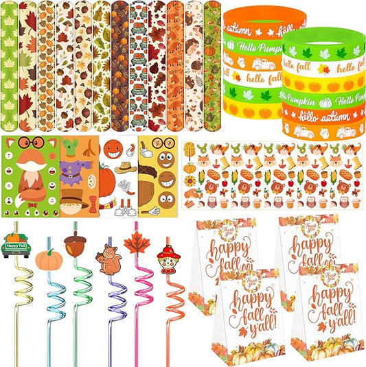 Erweicet Fall Party Favors 72 PCS Autumn Slap Bracelet DIY Stickers Plastic Straws Silicone Bracelets Tattoo Stickers Gift Bags for Kids Fall Harvest Party Classroom Rewards Goodie Bag Filler