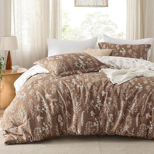 Bedsure Twin/Twin XL Comforter Set - Brown Bed Set, 2 Pieces Cute Floral Bedding, 1 Soft Reversible Botanical Flowers Comforter and 1 Pillow Shams