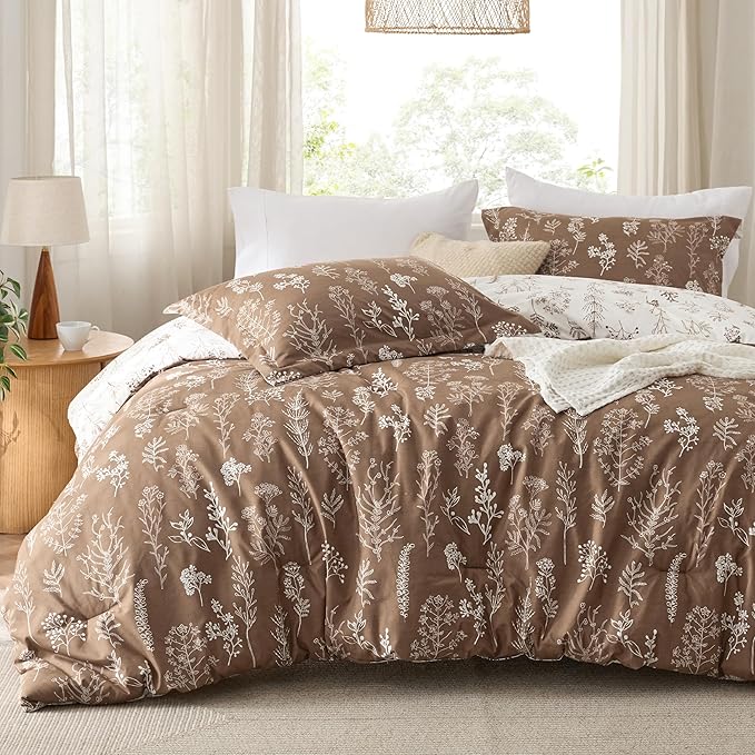 Bedsure Queen Comforter Set - Brown Bed Set, 3 Pieces Cute Floral Bedding, 1 Soft Reversible Botanical Flowers Comforter and 2 Pillow Shams