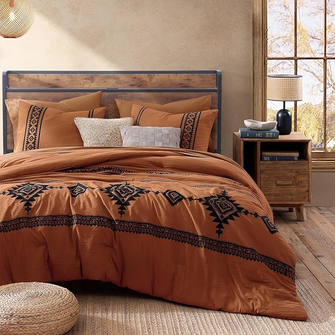 MaiRêve Embroidery Comforter Set, Boho Farmhouse Western Bedding Set, All Season Bed in A Bag Comforter Set with Sheets, Pillowcases & Shams, Burnt Orange King 7 Pieces