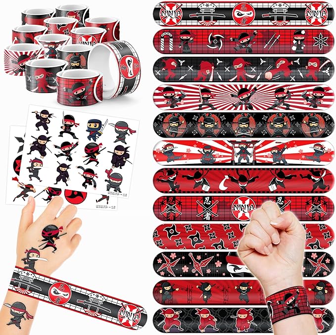 48PCS Ninja Party Favors - 24PCS Tattoos & 24PCS Slap Bracelets - Ninja Birthday Party Supplies, Samurai Baby Shower Decorations, Gifts, Classroom Prizes for Boys & Girls