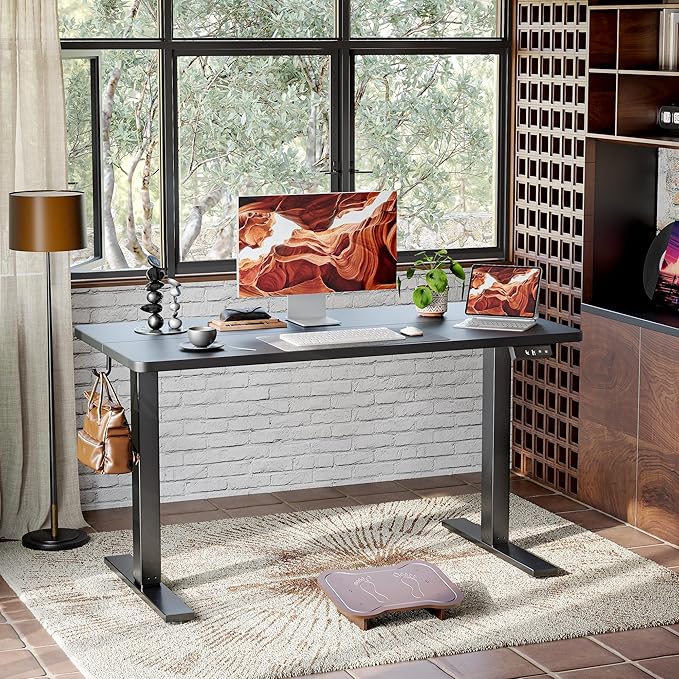 TIQLAB Standing Desk 55 x 24 inch, Electric Height Adjustable with Splice Board, Stand Up Desk, Sit Stand Desk Computer Desk for Home Office, Black Frame/Black Top