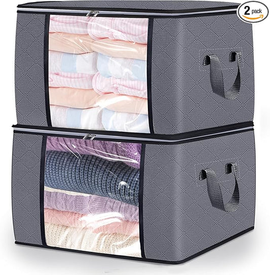 2 Pack Clothes Storage Bags, 90L Large Blanket Storage Bag Comforter Storage Bin with Reinforced Handle and Lid Foldable Closet Organizer and Storage Containers for Bedding Pillows Sheets and Duvet