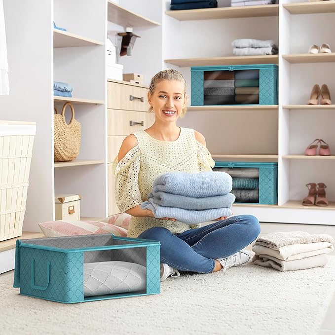 Sorbus Medium Clothes Storage Bags - Foldable Blanket Storage Bins for Organizing Bedroom, Closet, Clothing, Comforter, Organization with Clear Window, Lids and Carry Handles - Set of 6
