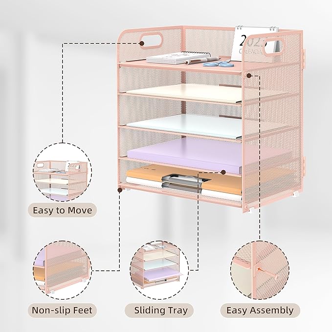 2 Pack 5-Tier Pink Desk Organizer with Handle Mesh Desk File/Paper Organizer Letter Tray for Office, School and Home Easy Installation