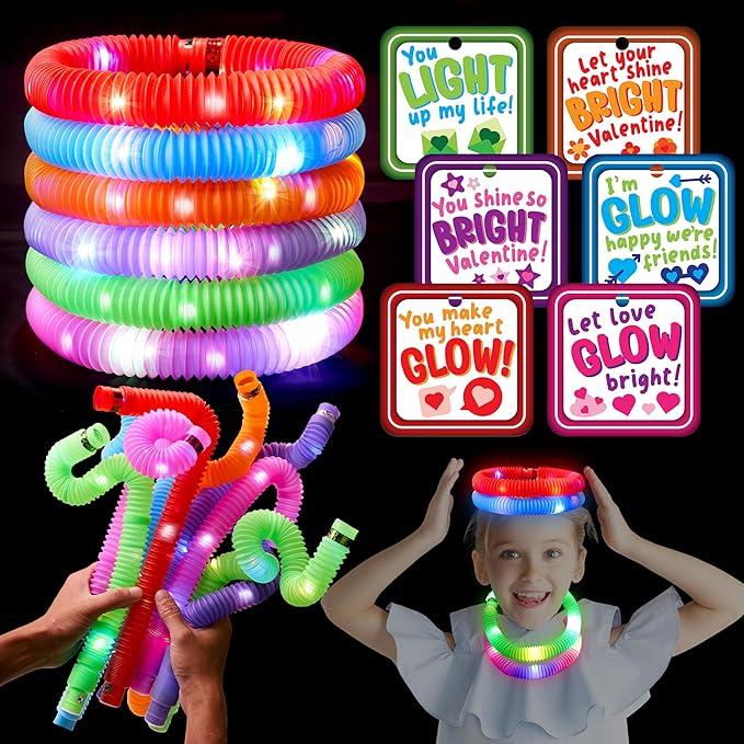 JOYIN 24 PCS Valentine's Day Gifts Cards with Glow Pull Tube Bracelet, Lights Glow in the Dark Toys for Kids Valentine's Party Favors for Classroom Exchange Toy, School Prizes Exchange Gift Rewards