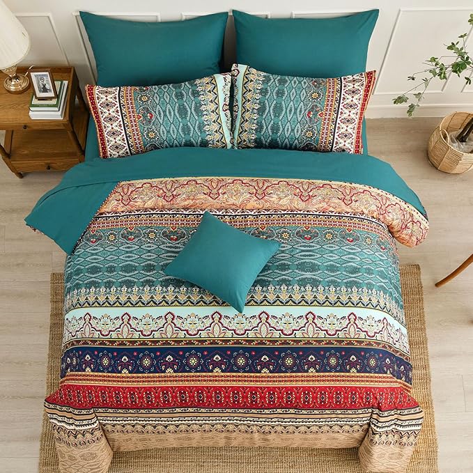 Cottolester Boho Queen Size Comforter Set 8 Pieces,Green and Brown Bohemian Striped Bed in a Bag,Floral Soft Microfiber Bedding Comforter Set