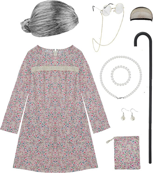 Girls cotton 100 days of school Costume Grandma Cotton dress Halloween cosplay Little Old Lady Costume for kids