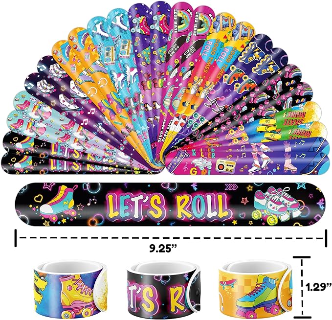 48PCS Roller Skate Party Favors - 24PCS Tattoos & 24PCS Slap Bracelets - Retro 60s & 80s Birthday Supplies, Decorations, Gifts, Classroom Prizes for Boys & Girls