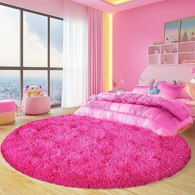 Xexsin Round Fluffy Rugs 7Ft for Girls Bedroom, Hot Pink Shag Circle Kids Rug Non-Slip for Bedside Dorm Nursery Playroom, Soft Cute Area Rugs for Living Room Decor