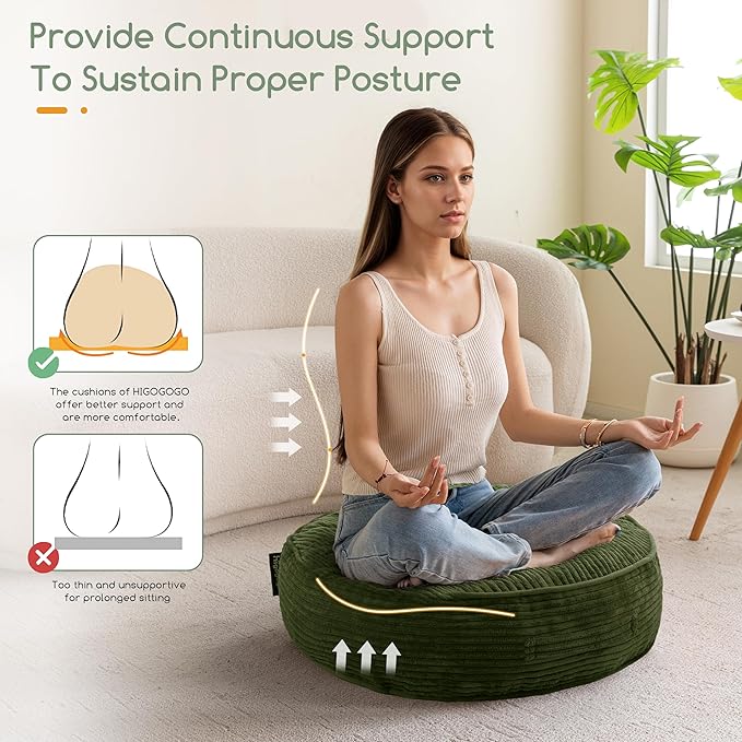 6" Washable Floor Pillow Cushion for Adults, Meditation Cushion Pillow, Large Round Floor Sitting, Removable Tufted Corduroy Cover, for Tatami Living Room or Yoga, 22x22 Inch, 2Pack, Machine Washable