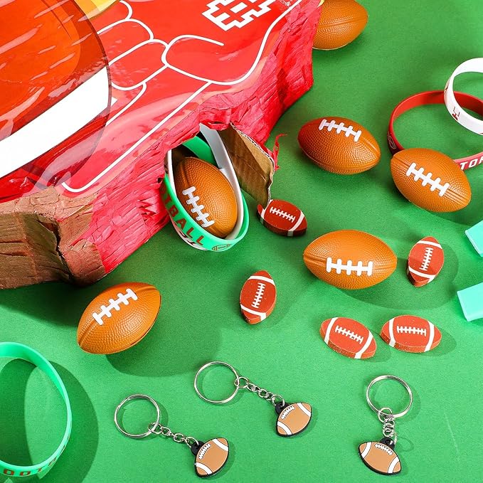 162 Pcs Football Piñata Football Party Favors with Blindfold Confetti Bat Stress Balls Keychains Wristbands Whistles Eraser Slap Bracelet Stickers Sports Piñata Birthday Party Decorations