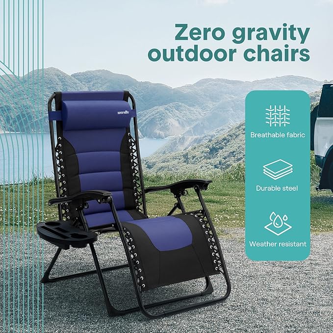 SereneLife Padded Zero Gravity Recliner Chair – Adjustable Foldable Lounge Chair with Side Table, Cup Holder & Headrest, Lockable Recline, Blue & Black, for Patio, Lawn, Camping, or Outdoor Relaxation