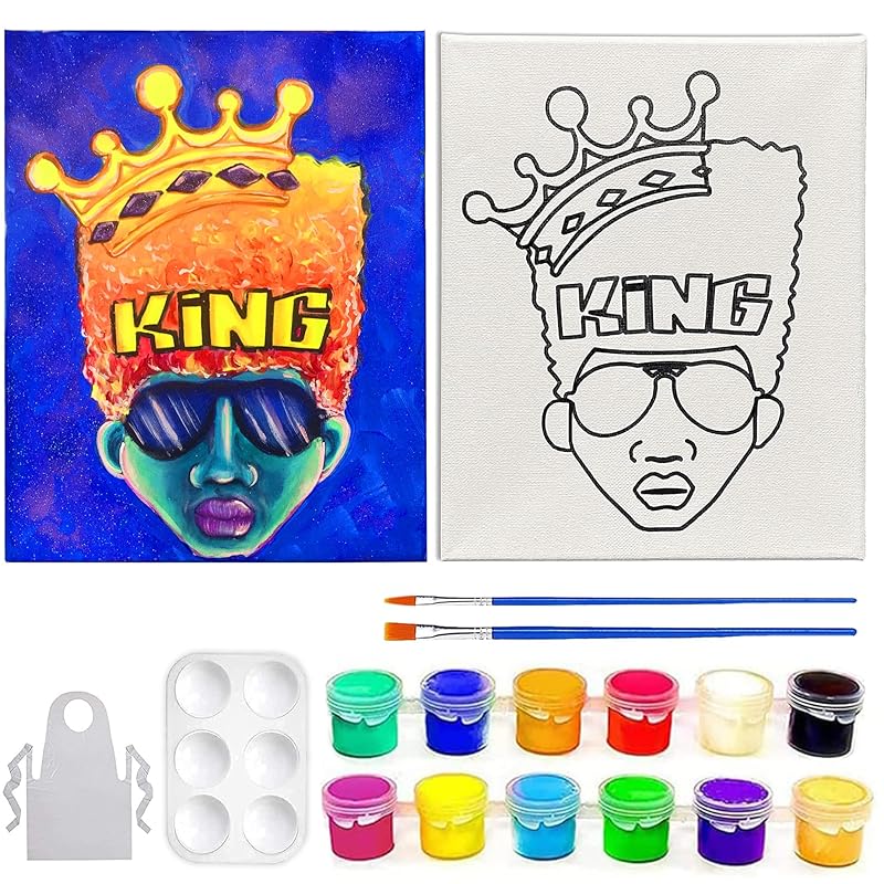 Indigo Art Studio Pre Drawn Canvas Paint Kit for Adults Kids Couples | Stretched & Stenciled | Art Activity | Afro King #2 Retro | DIY Birthday Gift & Sip and Paint With Twist Party Favor | 8x10