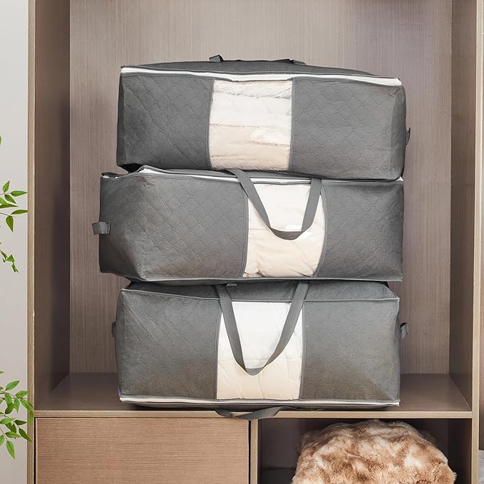 105L Extra Large Storage Bags for Blankets, King Comforters, Bedding, Clothes, Pillows, Sheets - Closet Organizers and Storage with 4 Handles & Clear Window, Foldable & Breathable (Grey, 6pack)