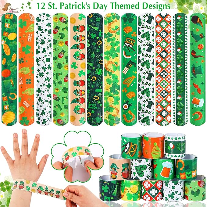 JUNEBRUSHS St. Patrick's Day Slap Bracelets, 56 Pack Saint Patricks Party Favors for Kids Shamrock Slap Bands Irish Clover Wristbands Snap Bracelets Bulk for Boys Girls Birthday Gifts Party Supplies