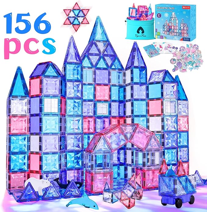 Magnetic Tiles Set, Frozen Magnet Building Blocks with Car Animal Models and Stickers, Construction Educational STEM Sensory Toys Gifts for for 3 4 5 6 7 8 + Year Old Kids Toddlers Boys Girls