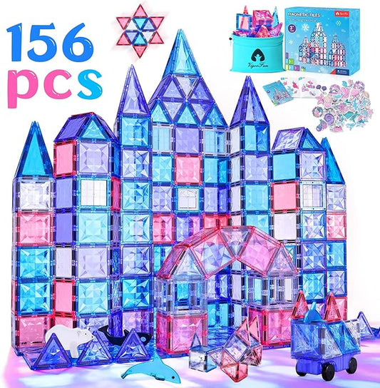 Magnetic Tiles Set, Frozen Magnet Building Blocks with Car Animal Models and Stickers, Construction Educational STEM Sensory Toys Gifts for for 3 4 5 6 7 8 + Year Old Kids Toddlers Boys Girls
