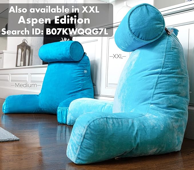 Husband Pillow Medium Aspen Edition Rodeo Blue, Sit Up Reading & Bed Rest with Arms, Ultra-Comfy, Detach Neck Roll - Premium Shredded Memory Foam Backrest, Reverses to Micro: Suede or Plush